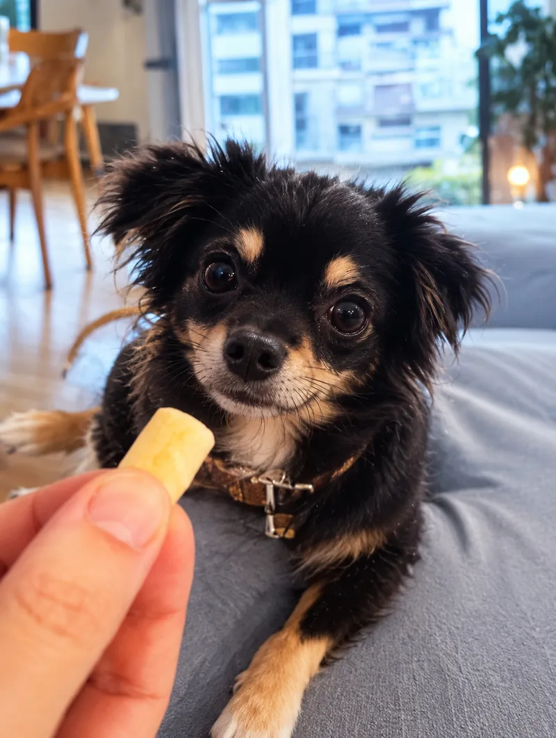 Pachi, a black and tan dog being offered a treat at Camp Cove